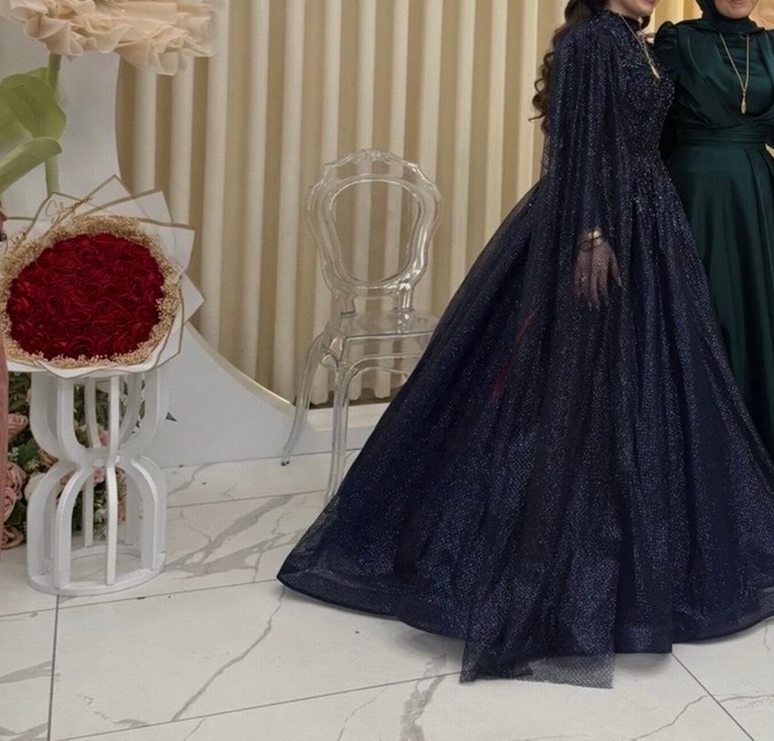 Uzun Kollu Mavi Drapeli Kadın Abiye - Görsel 3