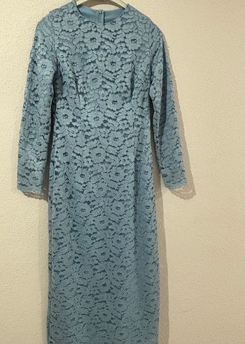 Uzun Kollu Mavi Dantel Elbise - Görsel 2