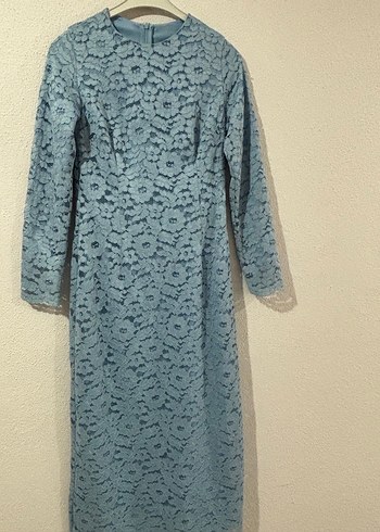 Uzun Kollu Mavi Dantel Elbise - Görsel 3