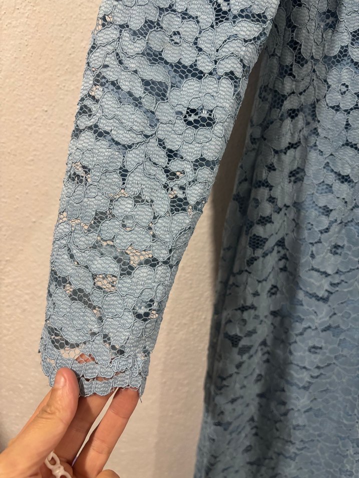 Uzun Kollu Mavi Dantel Elbise - Görsel 5