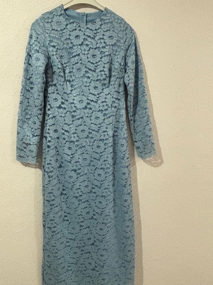 Uzun Kollu Mavi Dantel Elbise - Görsel 3