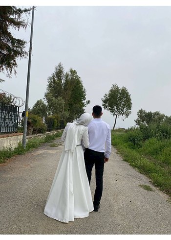 Uzun Kollu Beyaz Bohem Tesettür Gelinlik - Görsel 4