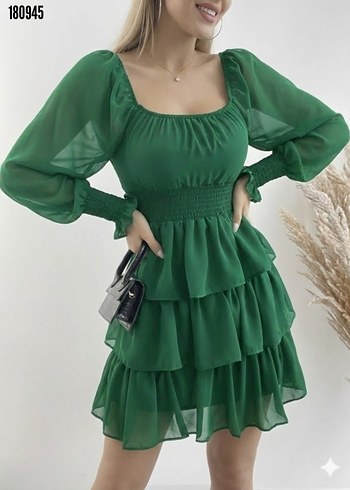 Kadın Yeşil Kat Kat Mini Elbise - Görsel 2