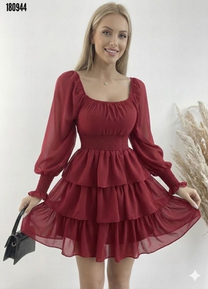 Bordo Fırfırlı Midi Elbise - Görsel 2