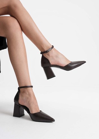 Kahverengi Deri Tokalı Kadın Topuklu Ayakkabı - Görsel 9