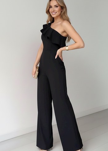 Kadın Siyah Tek Omuz Fırfırlı Tulum - Görsel 4