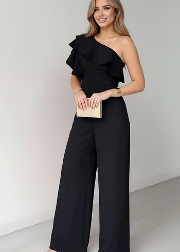 Kadın Siyah Tek Omuz Fırfırlı Tulum - Görsel 2