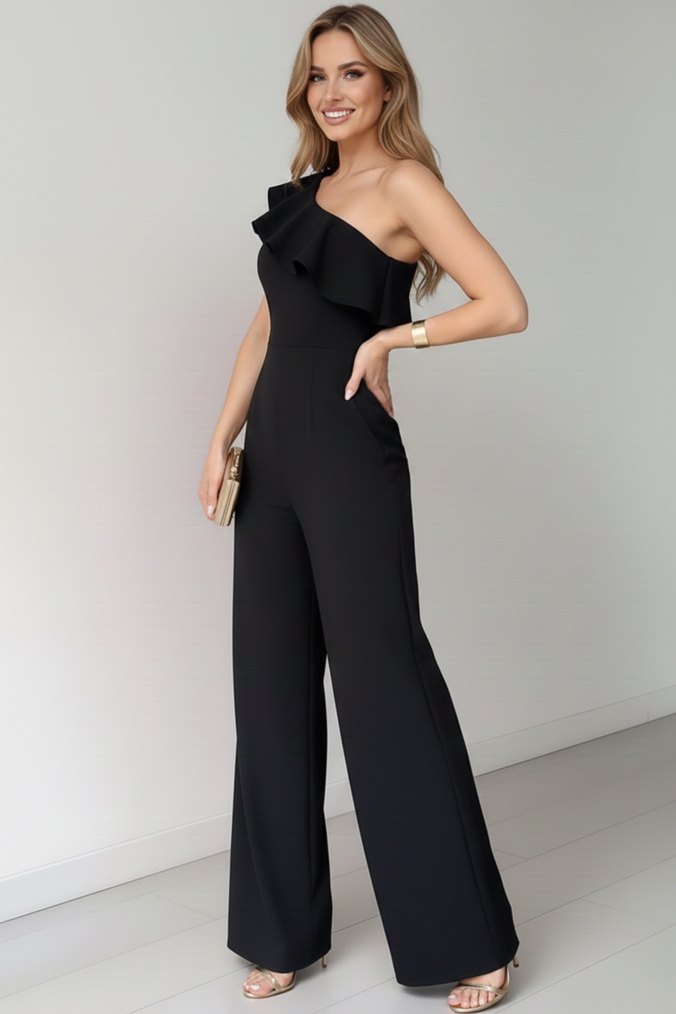 Kadın Siyah Tek Omuz Fırfırlı Tulum - Görsel 4