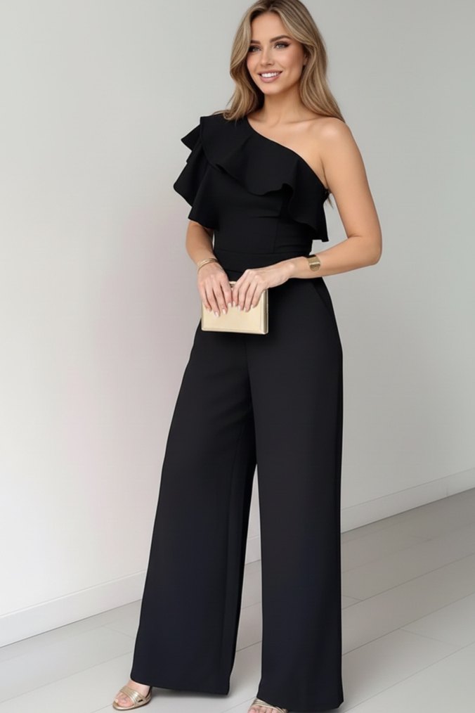 Kadın Siyah Tek Omuz Fırfırlı Tulum - Görsel 2