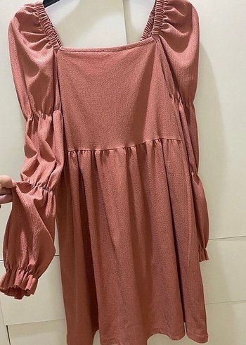 Pembe V Yaka Midi Keten Elbise - Görsel 2