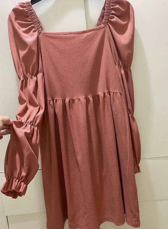 Pembe V Yaka Midi Keten Elbise - Görsel 2