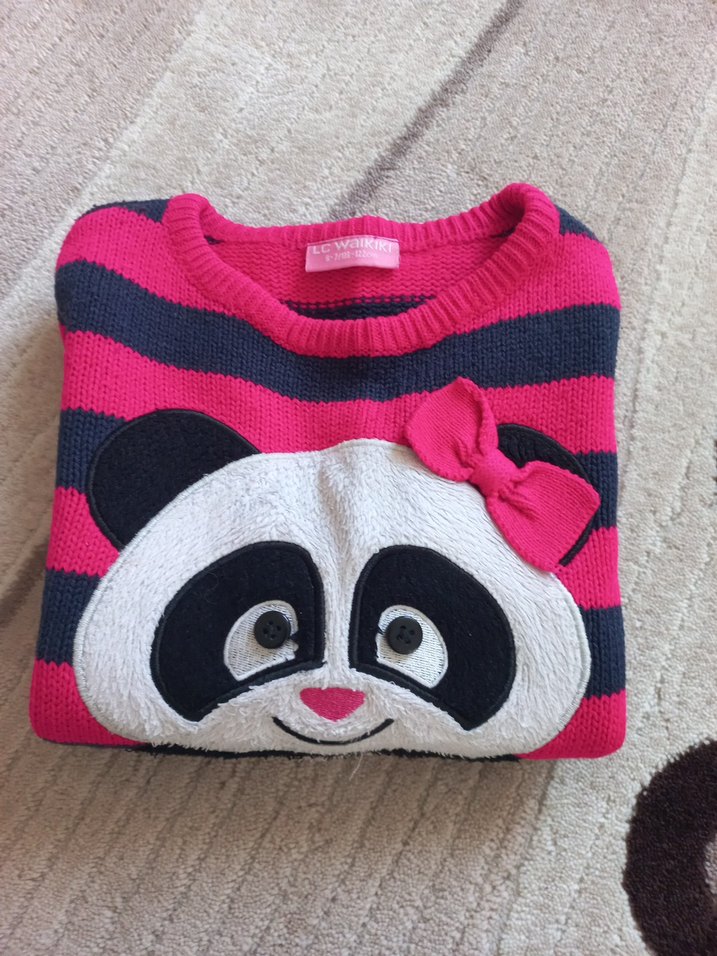 Kız Çocuk Pembe Çizgili Panda Desenli Triko Kazak 6 yaş lcw - Görsel 5