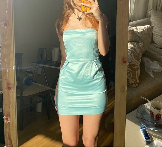 Zara Mavi Saten Straplez Elbise