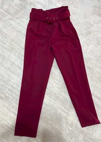 Bordo Kemerli Kadın Kumaş Pantolon