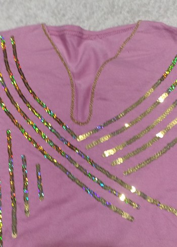 Pembe Payetli V Yaka Kız Tişörtü - Görsel 2