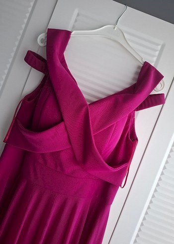 Pembe V Yakalı Uzun Drapeli Abiye Elbise - Görsel 2