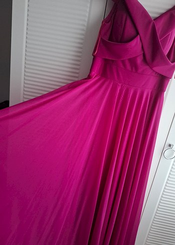 Pembe V Yakalı Uzun Drapeli Abiye Elbise - Görsel 3