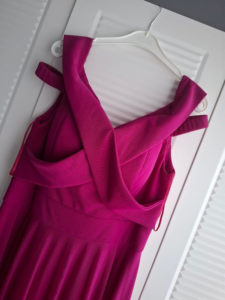 Pembe V Yakalı Uzun Drapeli Abiye Elbise - Görsel 2