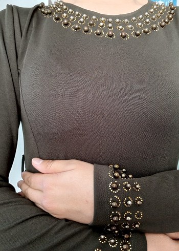 l Beden kahverengi Renk Triko Elbise haki yeşili