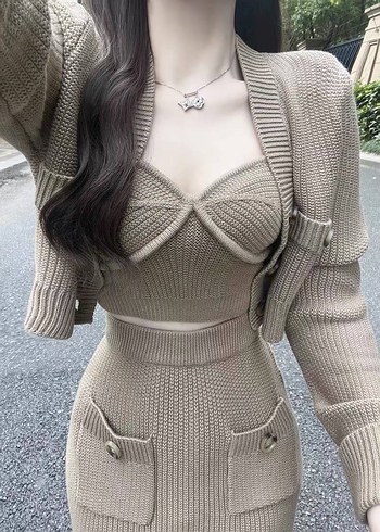 Bej Midi Triko Elbise 3lü Takım - Görsel 4