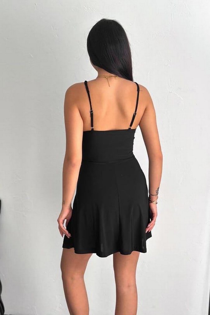 Siyah Straplez  Önü Çapraz Mini Elbise - Görsel 3