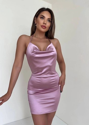 Pembe Saten Drapeli Midi Elbise - Görsel 2