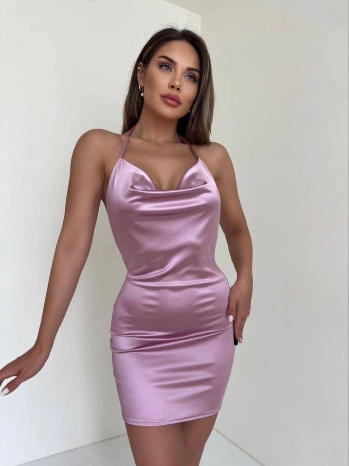 Pembe Saten Drapeli Midi Elbise - Görsel 2