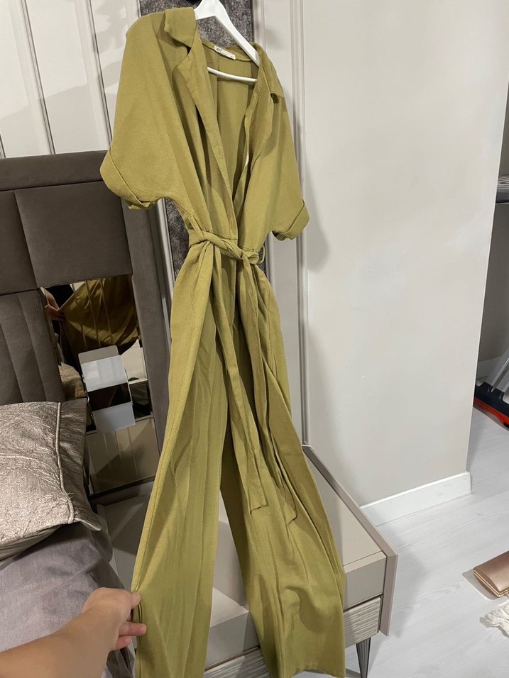 Kemerli V Yaka Keten Kadın Tulum - Haki - Görsel 3