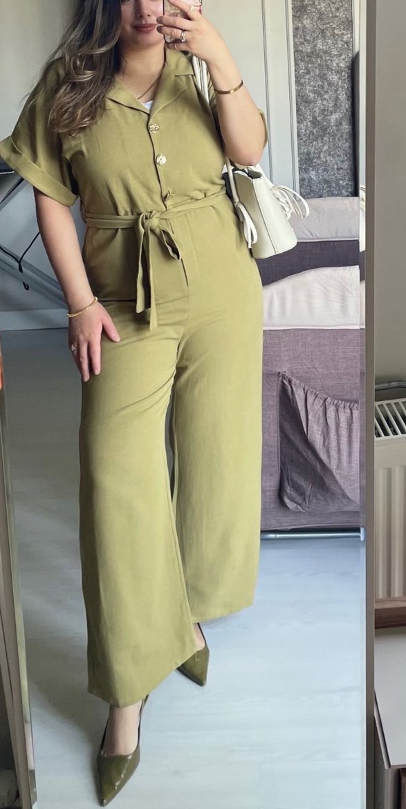 Kemerli V Yaka Keten Kadın Tulum - Haki - Görsel 4