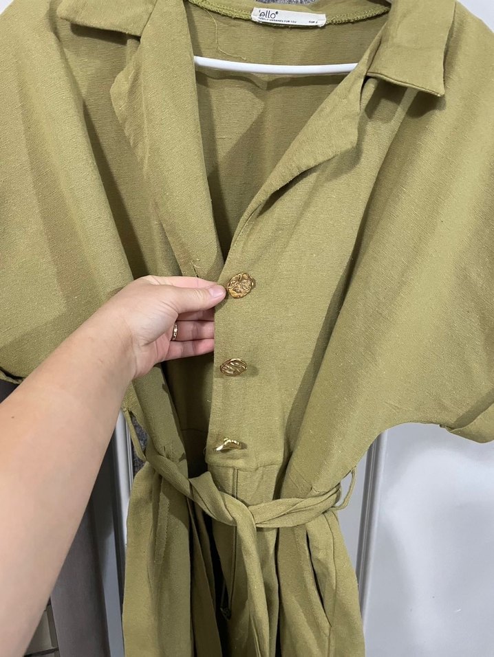 Kemerli V Yaka Keten Kadın Tulum - Haki - Görsel 2