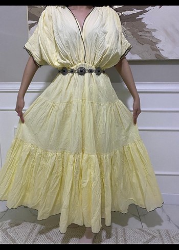 Sarı Bohem Uzun Elbise Fırfırlı ve Nakışlı - Görsel 2