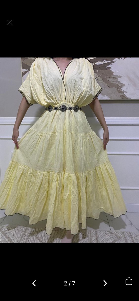 Sarı Bohem Uzun Elbise Fırfırlı ve Nakışlı - Görsel 2