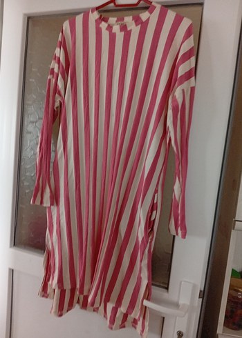 Pembe Çizgili Uzun Kollu Midi Tunik