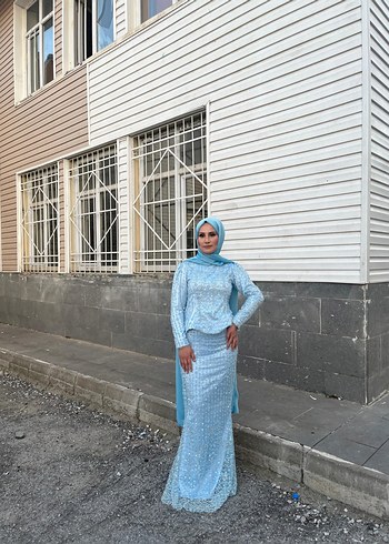 Mavi Uzun Kollu Tesettür Abiye Elbise