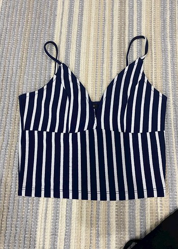Lacivert Beyaz Çizgili V Yaka Crop Top