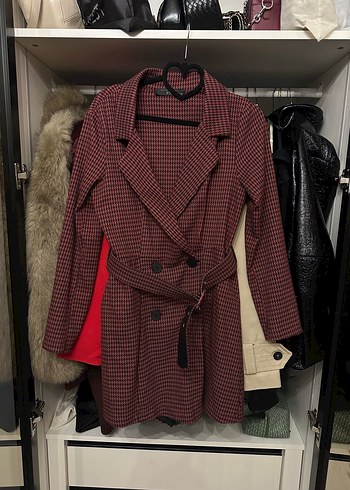 BSL FASHION Kirmizi Siyah Ekose Kruvaze Ceket Elbise