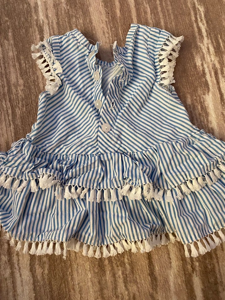 Kız Çocuk Mavi Çizgili Fırfırlı Elbise - Görsel 3