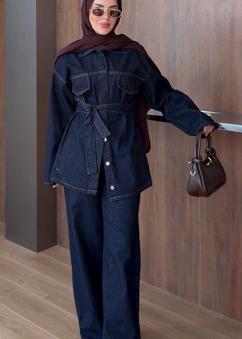 Kadın Lacivert Kemerli Denim takım