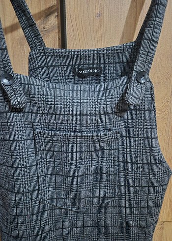 Gri Kareli Askılı Denim Tulum - Görsel 3