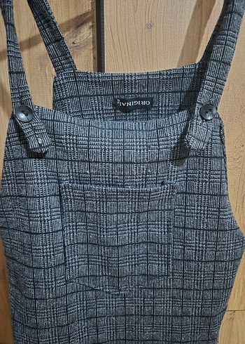 Gri Kareli Askılı Denim Tulum - Görsel 4