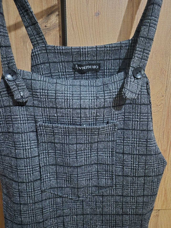 Gri Kareli Askılı Denim Tulum - Görsel 3