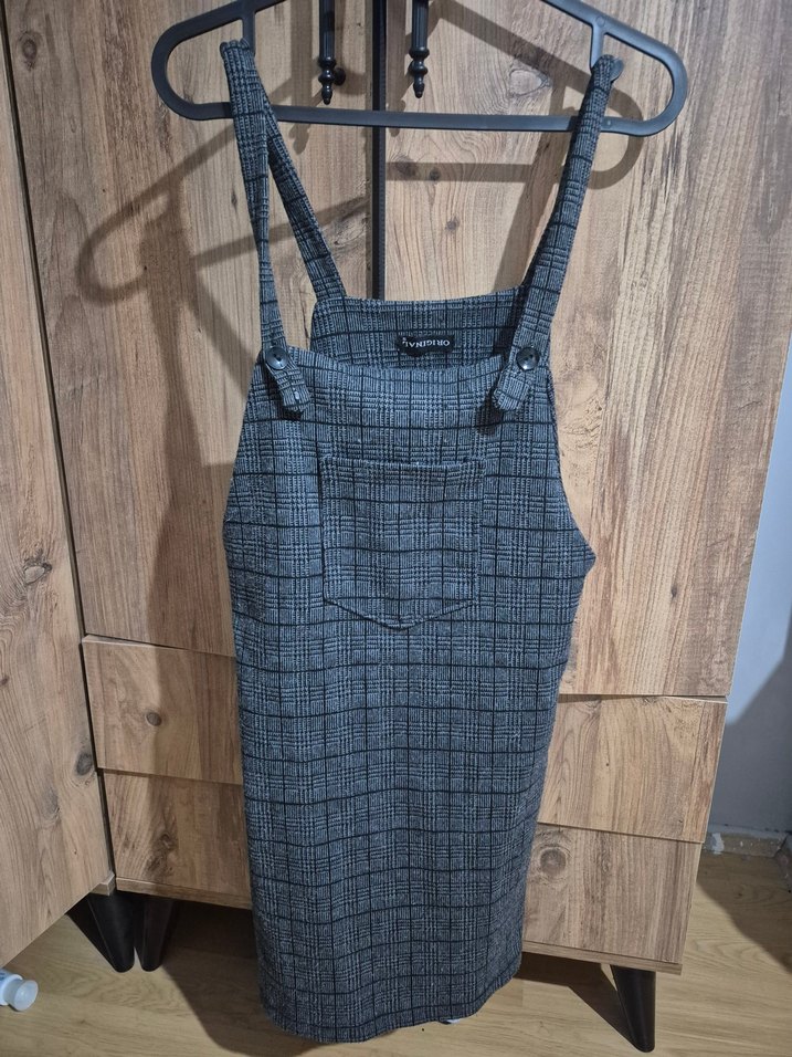 Gri Kareli Askılı Denim Tulum - Görsel 2