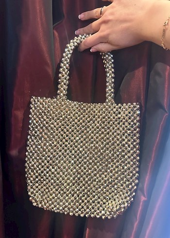 Abiye Boncuk İşlemeli Gümüş Rengi Örgü Çanta - Görsel 3