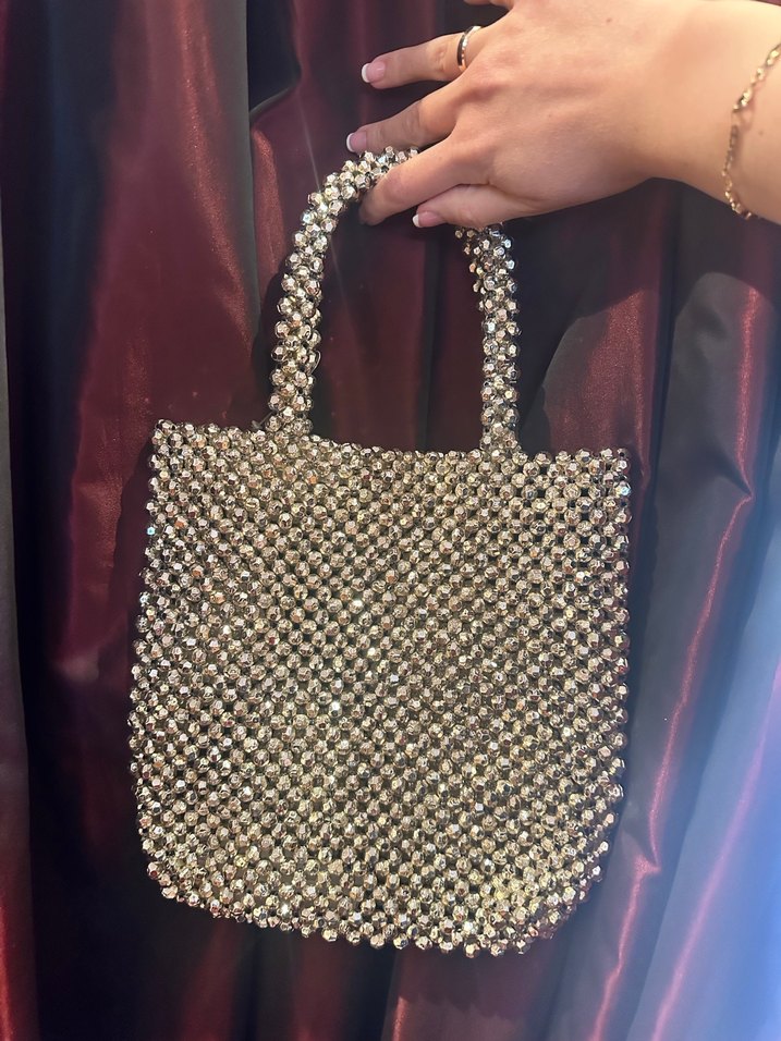 Abiye Boncuk İşlemeli Gümüş Rengi Örgü Çanta - Görsel 3