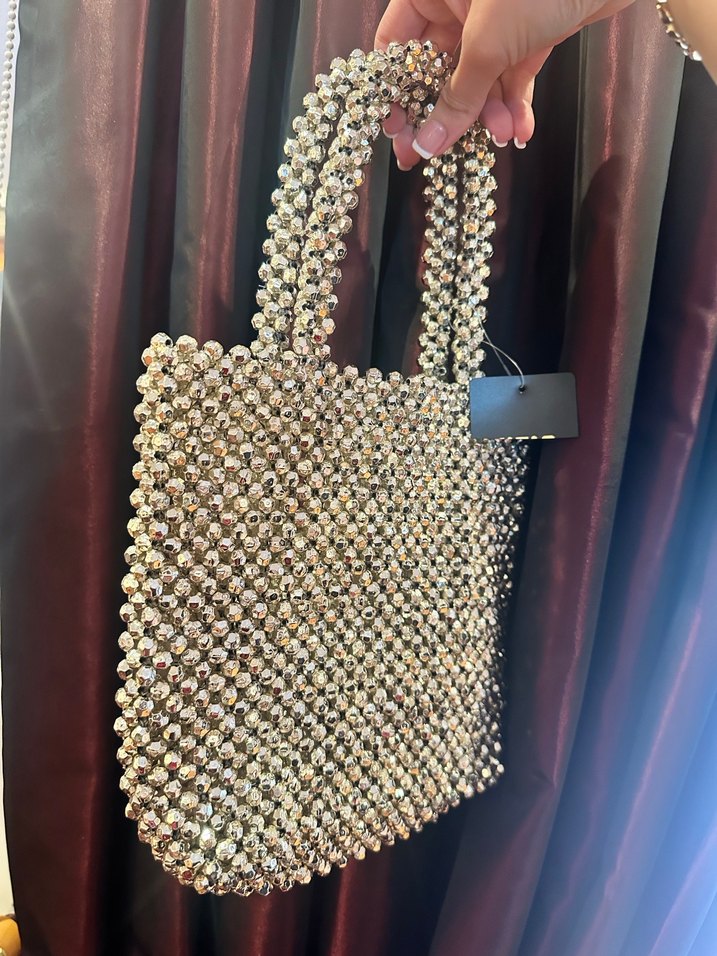 Abiye Boncuk İşlemeli Gümüş Rengi Örgü Çanta - Görsel 2