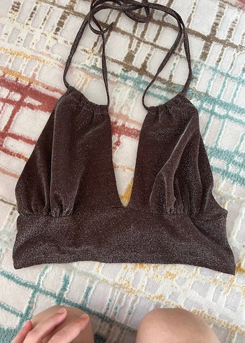 Kahverengi V Yaka Drapeli Crop Top