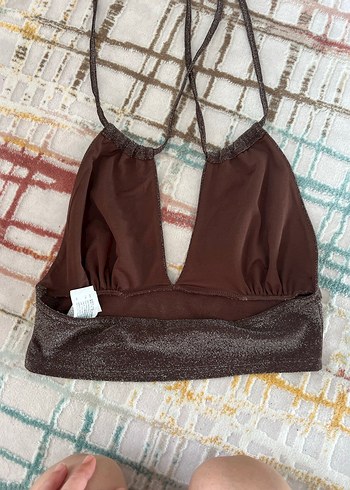 xl Beden Kahverengi V Yaka Drapeli Crop Top