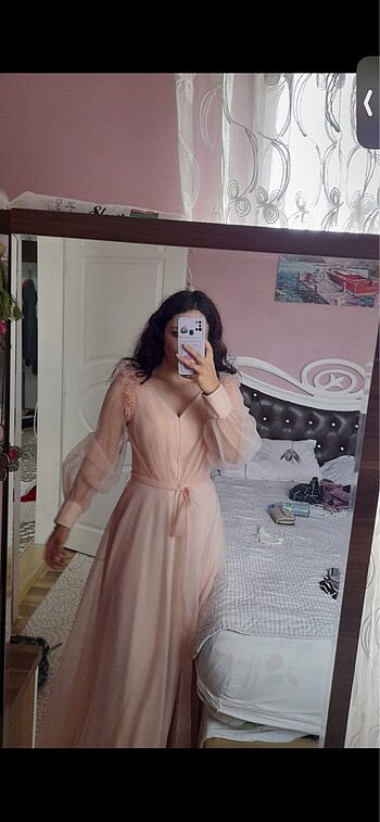 Pudra rengi abiye elbise