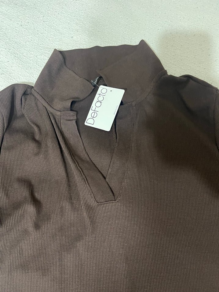 Kahverengi V Yaka Midi Keten Elbise - Görsel 2