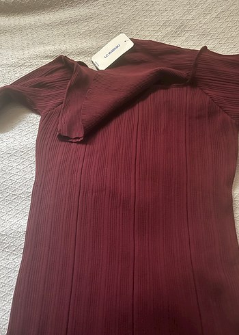 Bordo Pliseli Uzun Kollu Uzun Elbise - Görsel 5